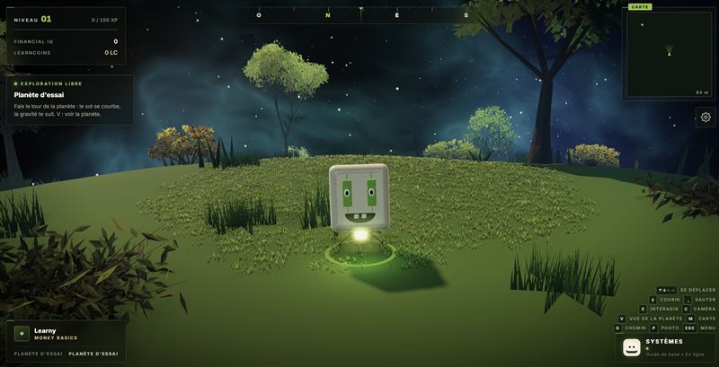 Learnovate Galaxy : Learny sur une planète d'essai sous un ciel étoilé