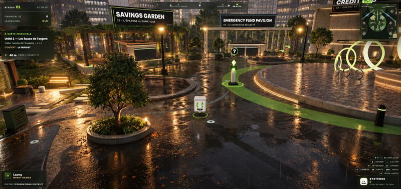 Learnovate World : Learny dans un quartier 3D avec le Savings Garden et l'Emergency Fund Pavilion